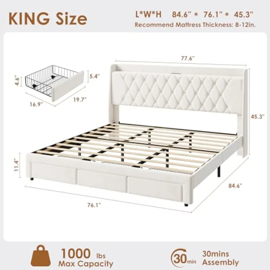 Groot bedframe met fluwelen be - King Size Bed Frame With Storage Drawers recensie en prijs