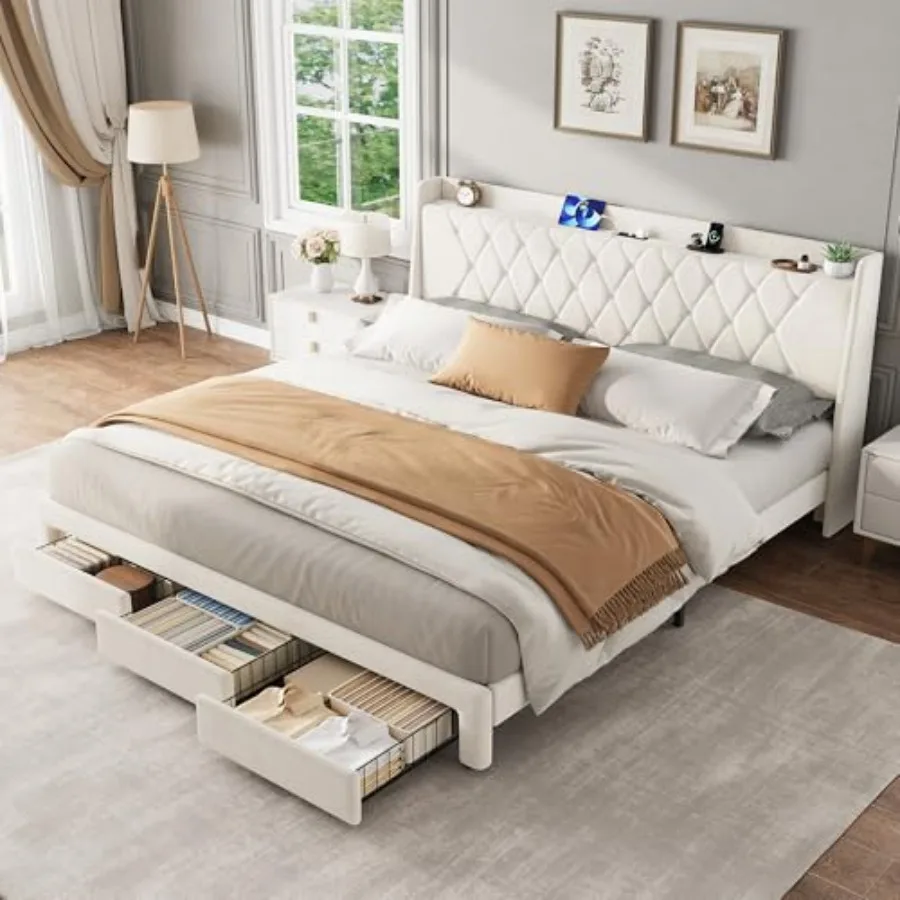 Groot bedframe met fluwelen be - King Size Bed Frame With Storage Drawers recensie en prijs